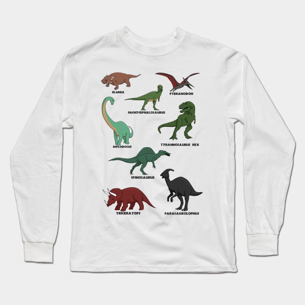 Dinosaur sheet with multiple cartoon drawings and labels Long Sleeve T-Shirt by Kyttsy Krafts